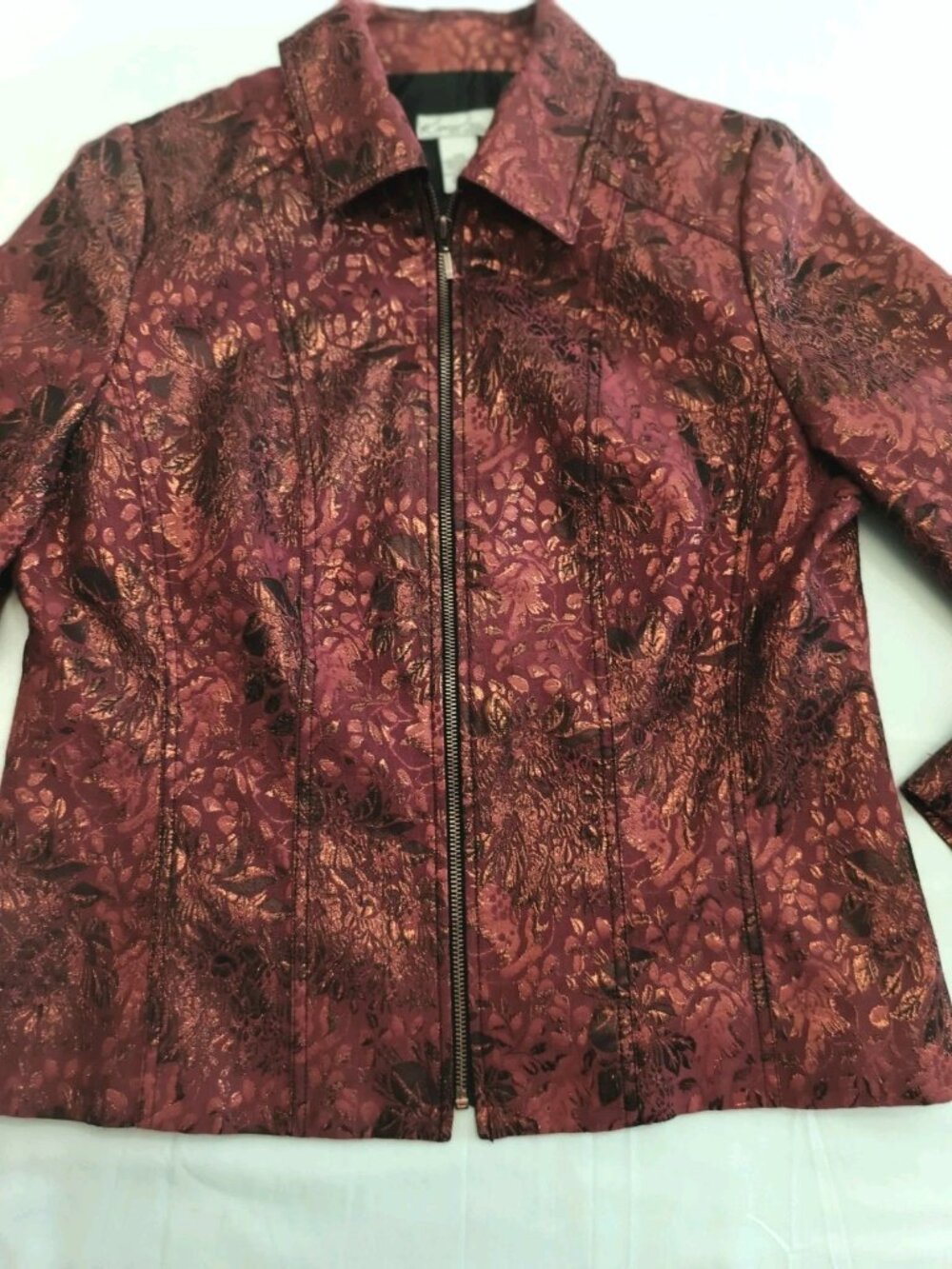Kim Rogers Petite 12P Jacket Red Metallic Floral Zip-Up Brocade Style Top - Picture 4 of 12